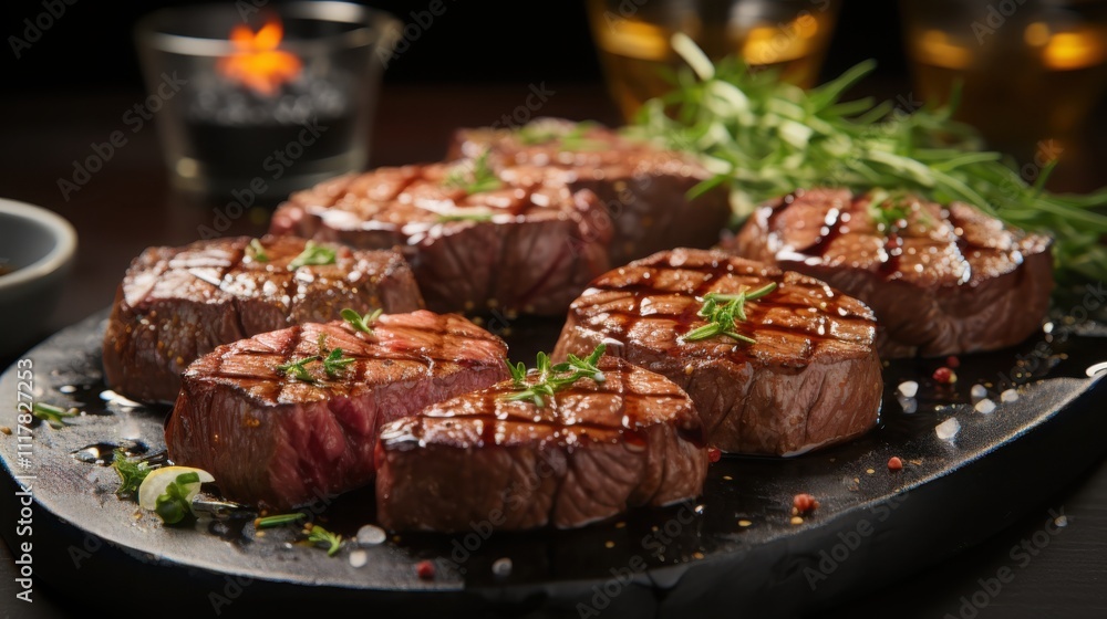 Searing kobe beef medallions in a professional kitchen gourmet food photography high-resolution detail elegant lighting culinary artistry Searing kobe beef medallions in a professional kitchen gourmet food photography high-resolution detail elegant lighting culinary artistry