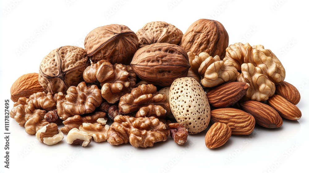 High-Resolution Close-up of Mixed Nuts Walnuts and Almonds Isolated on White Background - Perfect for Healthy Eating, Food Packaging, and Culinary Designs High-Resolution Close-up of Mixed Nuts Walnuts and Almonds Isolated on White Background - Perfect for Healthy Eating, Food Packaging, and Culinary Designs