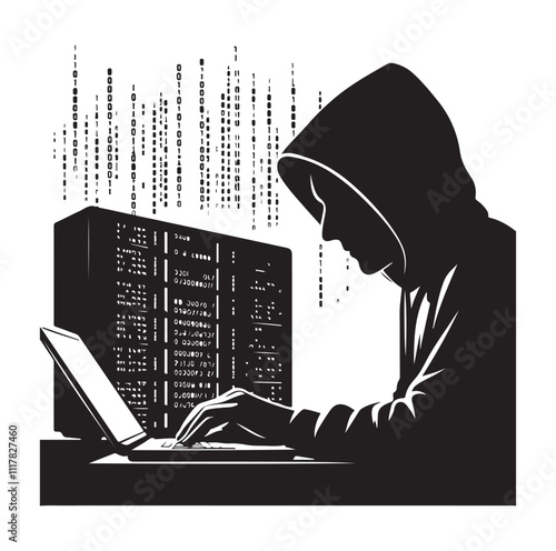 Computer hacker with laptop silhouette vector illustration
