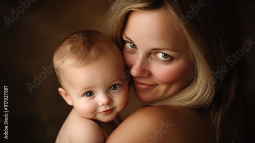 A mother lovingly holds her smiling baby 