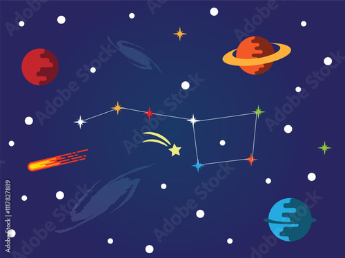Ursa Major Constellation In Starlit Sky with Planets. Exploring space and science vector art