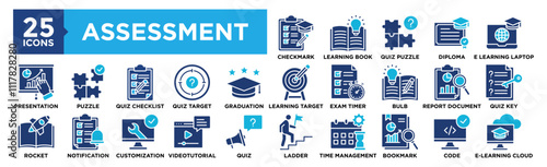 Assessment icon collection set. Containing design, Assessment Checkmark, Learning Book, Quiz Puzzle, Diploma, E Learning Laptop 