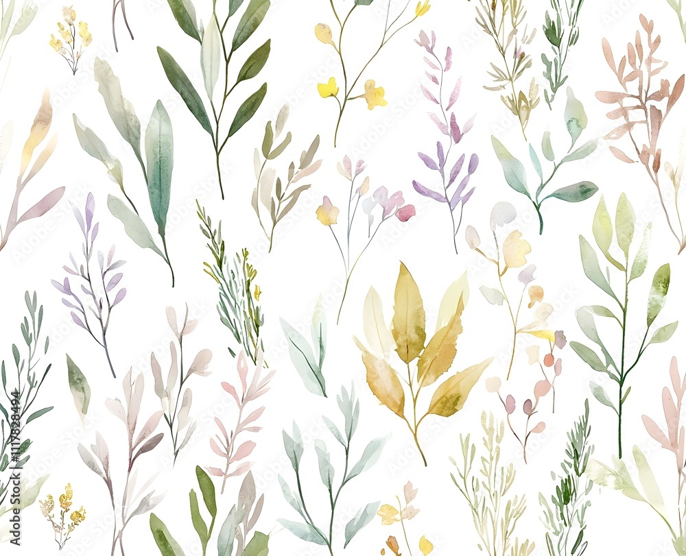 Watercolor paintings of various plants in soft, light pastel colors Watercolor paintings of various plants in soft, light pastel colors