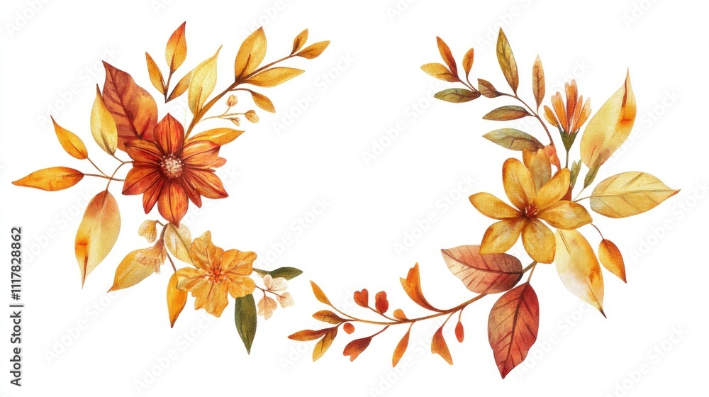 Watercolor painting of beautiful oval frames made from intertwined autumn leaves and flowers, in fall colors, as a cutout sticker or clipart on a solid background. Watercolor painting of beautiful oval frames made from intertwined autumn leaves and flowers, in fall colors, as a cutout sticker or clipart on a solid background.