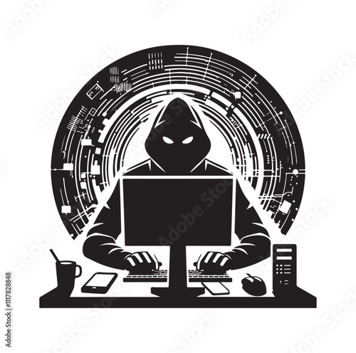 Computer hacker with laptop silhouette vector illustration
