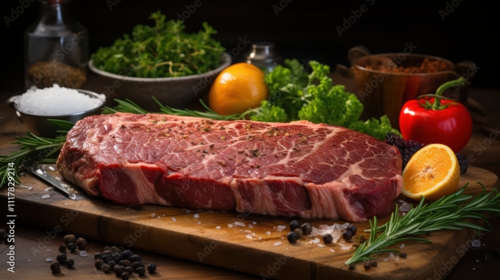 Cooking grassfed ribeye steak on a rustic cutting board culinary ingredients kitchen environment gourmet experience rich marbling focus Cooking grassfed ribeye steak on a rustic cutting board culinary ingredients kitchen environment gourmet experience rich marbling focus