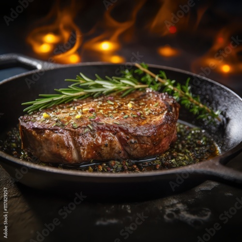 Reverse sear grassfed ribeye with cast iron finish professional chef plating in soft background