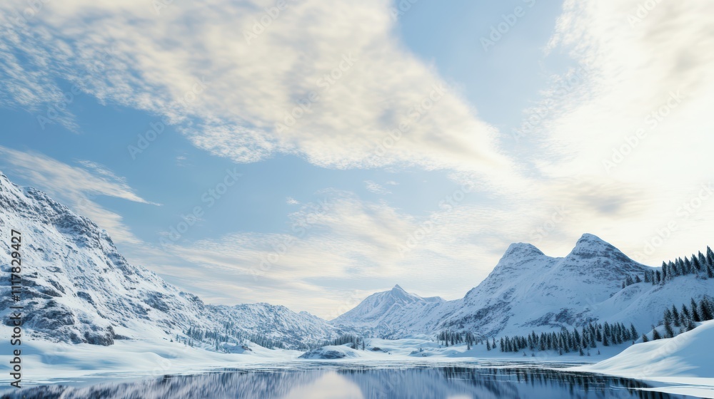 Obraz premium Serene Snowy Landscape with Calm Lake and Majestic Mountains