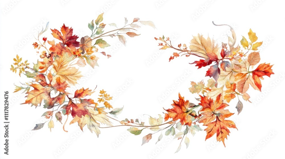 Watercolor painting of beautiful oval frames made from intertwined autumn leaves and flowers, in fall colors, as a cutout sticker or clipart on a solid background. Watercolor painting of beautiful oval frames made from intertwined autumn leaves and flowers, in fall colors, as a cutout sticker or clipart on a solid background.