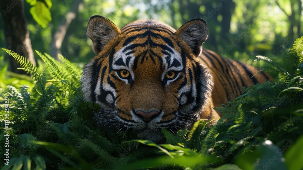 Fototapeta premium Majestic Tiger Lurking in Lush Green Forest Under Natural Light