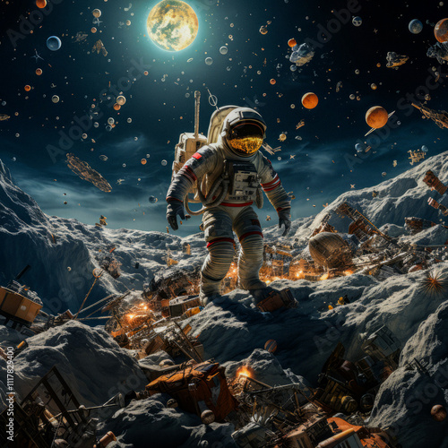 Astronaut in space. Landing on a planet full of space trash and debris to clean up the environment. Created with image generation tools