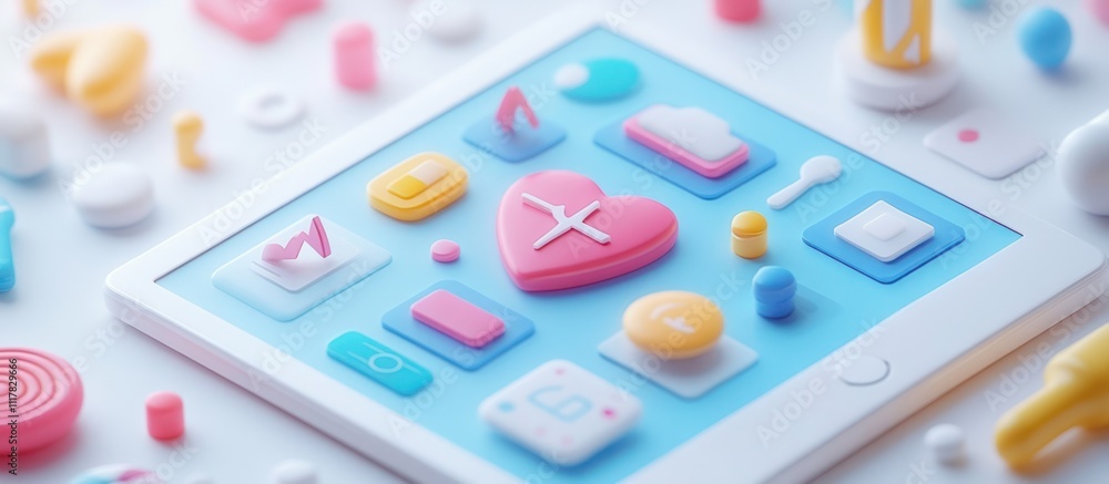 A tablet screen with colorful icons and a pink heart icon with a white X in the middle. A tablet screen with colorful icons and a pink heart icon with a white X in the middle.
