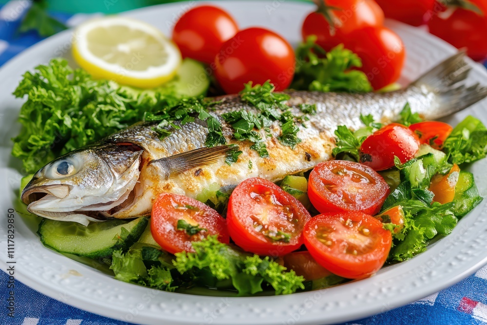 Grilled Fish with Fresh Vegetables and Lemon Garnish on Plate Grilled Fish with Fresh Vegetables and Lemon Garnish on Plate