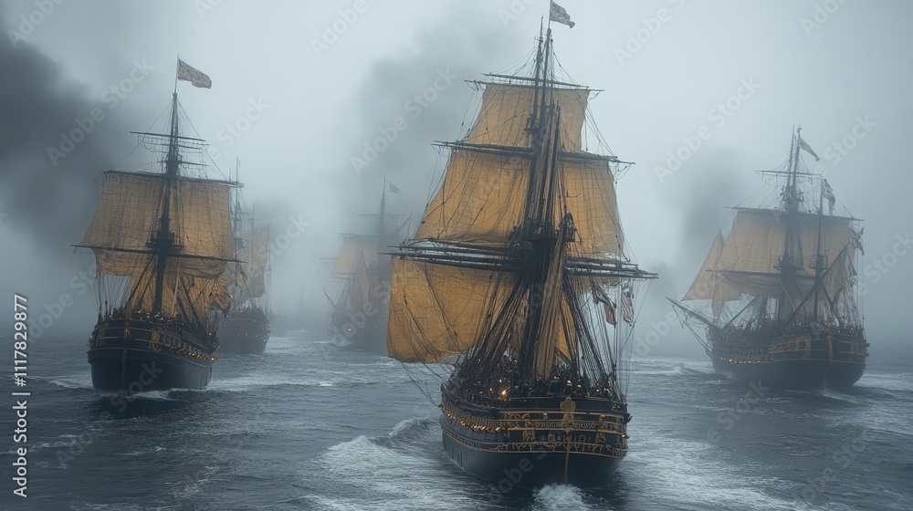 Obraz premium Epic Naval Battle: Majestic Tall Ships Sailing Through Foggy Seas at Sunrise, Capturing the Drama and Glory of Historic Maritime Warfare