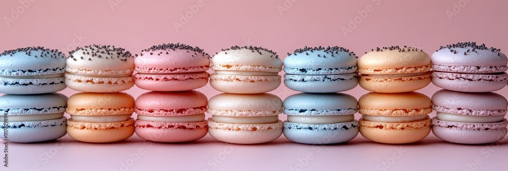 Delicious Pastel Macarons with Dark Chocolate Sprinkles on Pink Background - Sweet Treats, Bakery, Dessert Photography Delicious Pastel Macarons with Dark Chocolate Sprinkles on Pink Background - Sweet Treats, Bakery, Dessert Photography