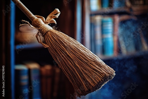 A broom hangs from a book shelf, surrounded by books