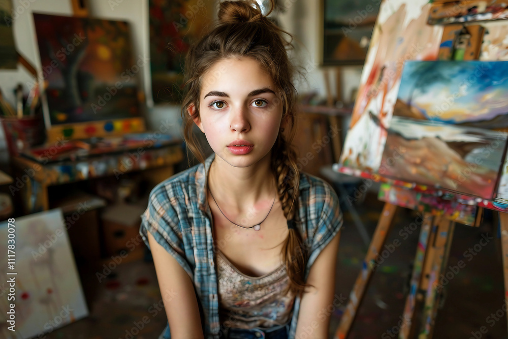 Smiling female artist learning abstract painting generative AI picture