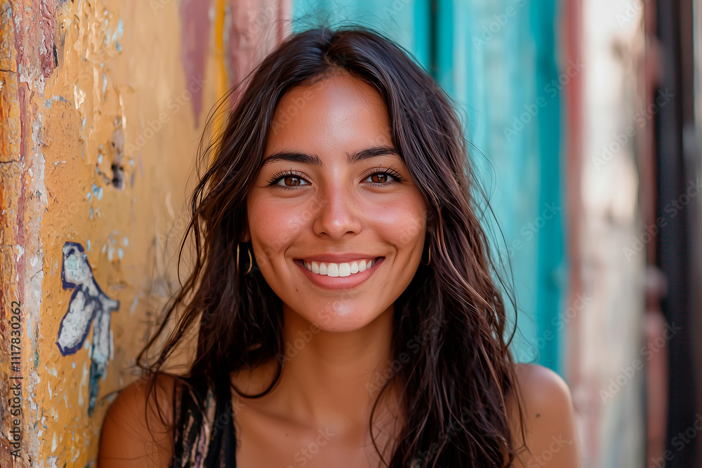 Naklejka premium smile, 25 years old mexican woman photo, on street, real face and real background 