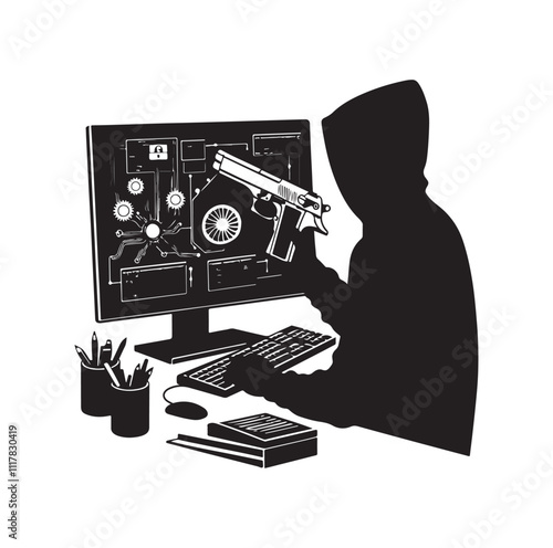 Computer hacker with laptop silhouette vector illustration