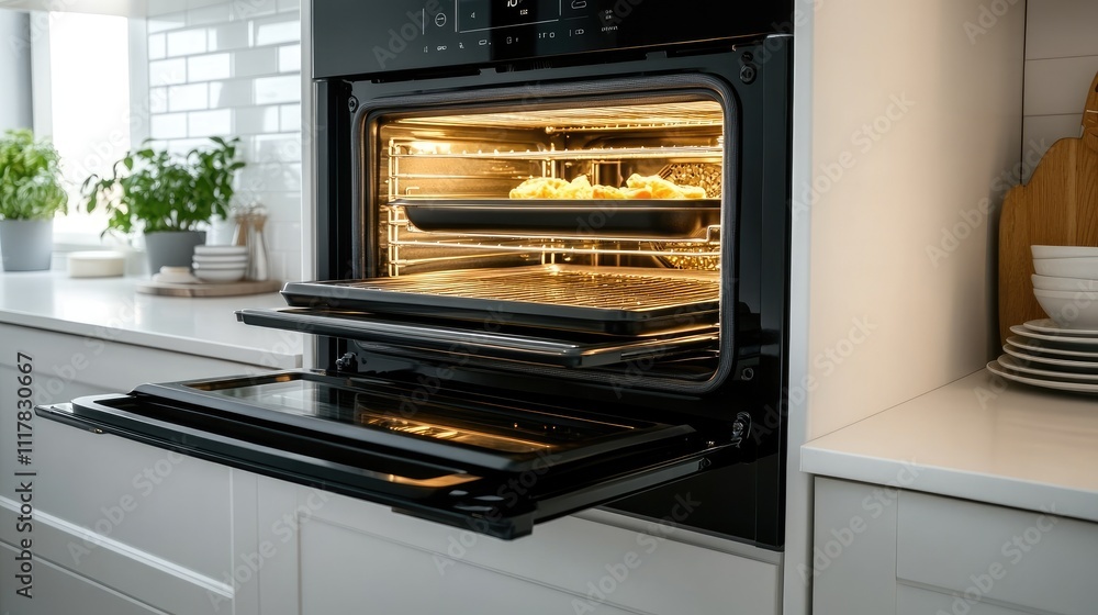 Close-up of a sleek electric oven door open revealing vibrant vegetables inside a contemporary kitchen space with natural light Close-up of a sleek electric oven door open revealing vibrant vegetables inside a contemporary kitchen space with natural light