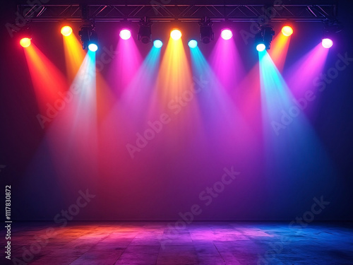 Colorful dance club floor empty stage with glowing neon spotlights with copy space for concert, show, party, product presentation or invitation