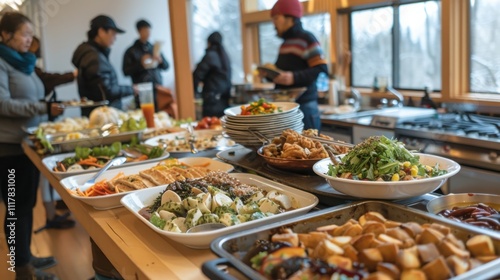 Community members gather for a cultural potluck celebrating diverse cuisines and traditions in a local setting photo