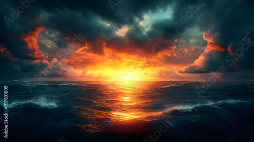 Fiery Sunset Over Dramatic Ocean Waves Illustration