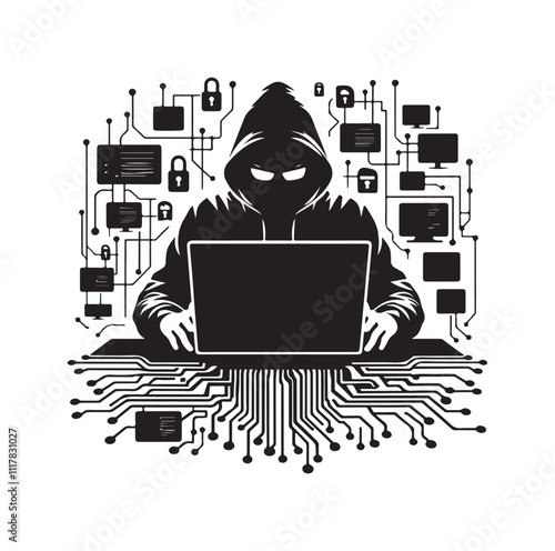 Computer hacker with laptop silhouette vector illustration