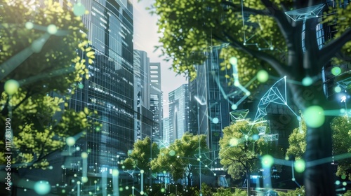 Futuristic smart city with high-rise buildings and digital connections integrated with greenery. Urban technology and sustainability concept