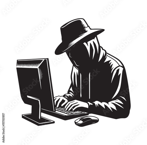 Computer hacker with laptop silhouette vector illustration