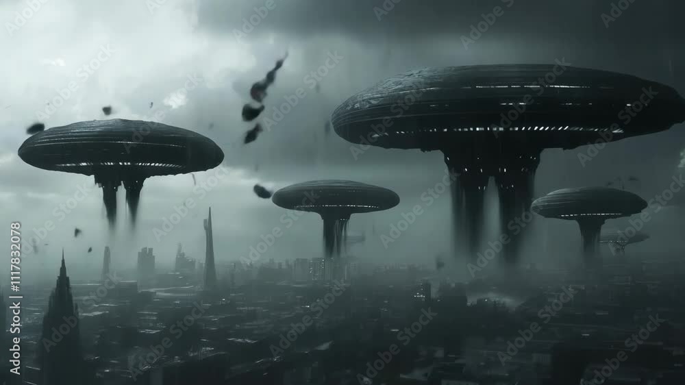 Dark, ominous clouds fill the sky as several large alien spaceships hover over a city, casting an eerie glow upon the buildings below Dark, ominous clouds fill the sky as several large alien spaceships hover over a city, casting an eerie glow upon the buildings below