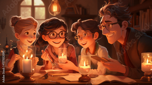 Cartoon family celebrating Christmas together at a dinner table. Chatting and smiling. Created with image generation tools