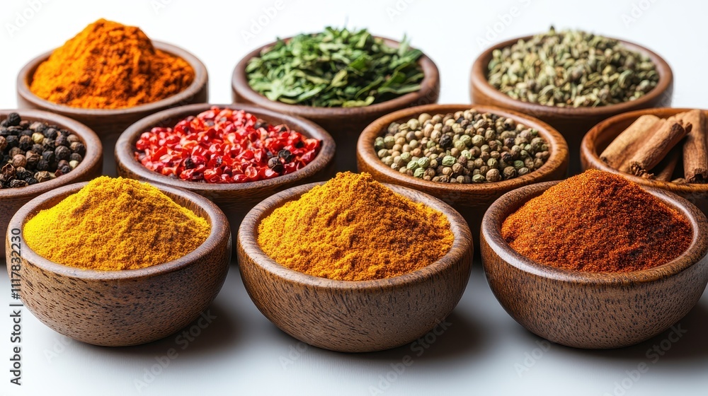 Aromatic Spices in Wooden Bowls Turmeric, Paprika, Peppercorns, and More - High-Resolution Stock Photo Aromatic Spices in Wooden Bowls Turmeric, Paprika, Peppercorns, and More - High-Resolution Stock Photo