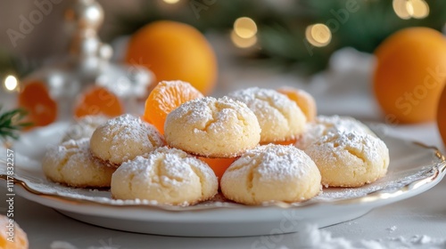 Fresh Citrus Shortbread Cookies on Wooden Background. Clementine Meltaway Cookies photo