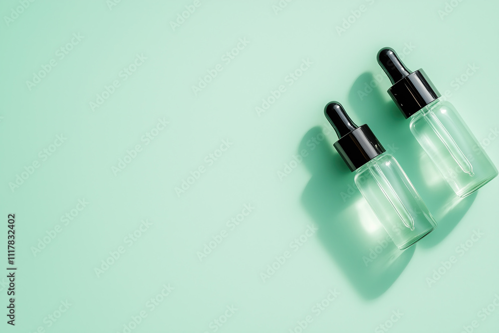 Photo of spa bottle for essencial oil with an eyedropper with serum on a green background, top view, in a mockup style, concept for a skin care product presentation. Photo of spa bottle for essencial oil with an eyedropper with serum on a green background, top view, in a mockup style, concept for a skin care product presentation.