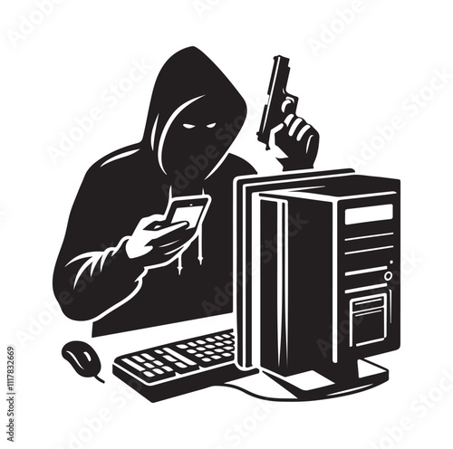 Computer hacker with laptop silhouette vector illustration