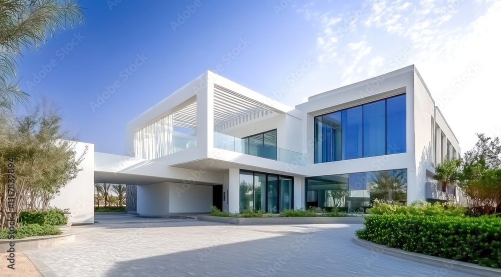 Maison de luxe spacieuse et moderne de couleur blanche avec des grandes fenêtres, un toit plat. Architecture contemporaine élégante sur fond de verdure et de soleil. Maison de luxe spacieuse et moderne de couleur blanche avec des grandes fenêtres, un toit plat. Architecture contemporaine élégante sur fond de verdure et de soleil.