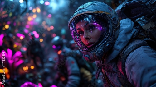 An awe-inspiring image presenting an astronaut amidst a dazzling alien world, capturing the essence of adventure, courage, and exploration of the unknown beyond earth.