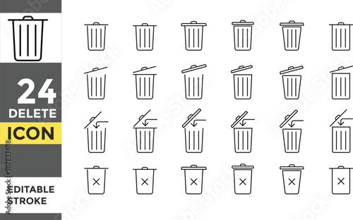 Delete Editable line stroke icon set. Waste trash bin. Pixel perfect. paper bin, trash, Rubbish sign. Trash icon sign. Garbage basket icon symbol. Recycle bin