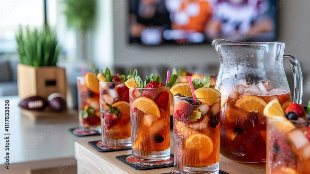 home entertainment setup, table with sangria pitcher, fruit-filled glasses, football coasters, and tv showing the game in the background home entertainment setup, table with sangria pitcher, fruit-filled glasses, football coasters, and tv showing the game in the background