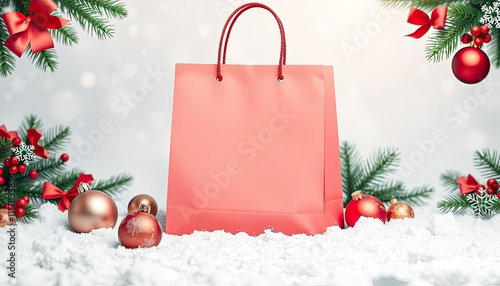 Coral Gift Bag in Snowy Christmas Scene with Ornaments and Bows