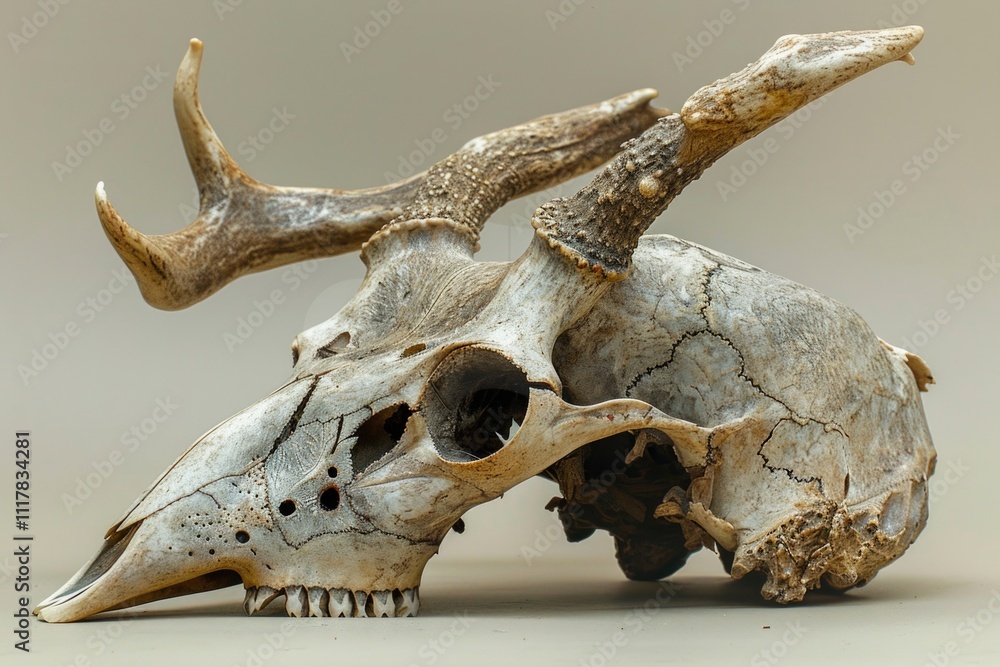 A detailed view of a skull adorned with antlers, great for Halloween or mythical themes A detailed view of a skull adorned with antlers, great for Halloween or mythical themes
