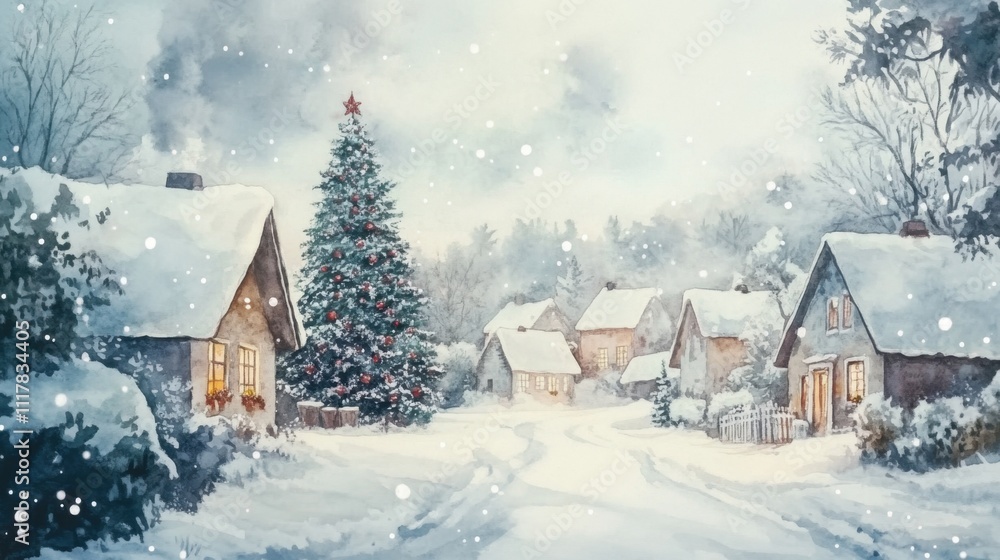 Naklejka premium Enchanting Winter Village with Decorated Christmas Tree