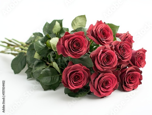 Stunning Bouquet of Deep Red Roses on White Background Valentine's Day, Anniversary, Romance, Love