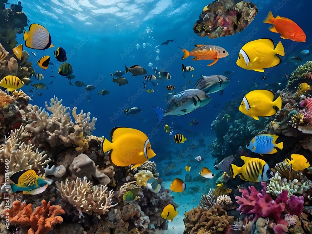 Naklejka premium Vibrant Coral Reef With Diverse Tropical Fish Species