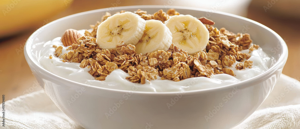 Creamy yogurt topped with crunchy granola and fresh banana slices, perfect for breakfast or snack Creamy yogurt topped with crunchy granola and fresh banana slices, perfect for breakfast or snack