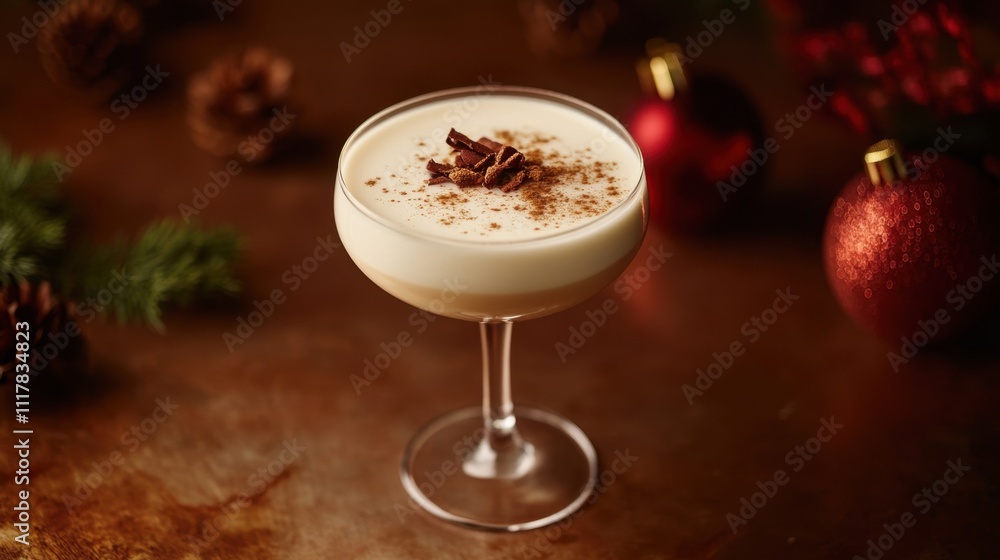 Festive Eggnog Cocktail with Cinnamon and Christmas Decor. Eggnog Festive Festive Eggnog Cocktail with Cinnamon and Christmas Decor. Eggnog Festive