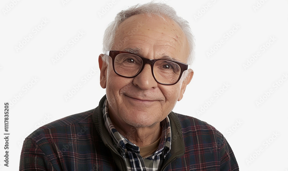 A man with glasses and a plaid jacket is smiling. He looks happy and content. Concept of warmth and friendliness A man with glasses and a plaid jacket is smiling. He looks happy and content. Concept of warmth and friendliness