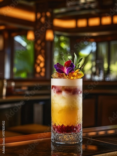 Tropical Layered Cocktail on Bar Counter. National Harvey Wallbanger Day. photo