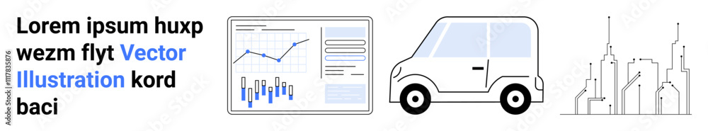 Text block with placeholder text, bar and line chart with data points and grid, compact car, and city skyline line drawing. Ideal for business, technology, urban planning, transportation, analysis Text block with placeholder text, bar and line chart with data points and grid, compact car, and city skyline line drawing. Ideal for business, technology, urban planning, transportation, analysis